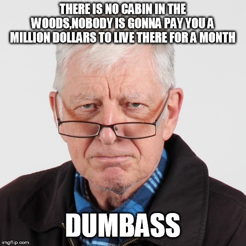Old man's wisdom | THERE IS NO CABIN IN THE WOODS,NOBODY IS GONNA PAY YOU A MILLION DOLLARS TO LIVE THERE FOR A MONTH; DUMBASS | image tagged in old man's wisdom | made w/ Imgflip meme maker