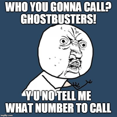 Y U No Meme | WHO YOU GONNA CALL?
GHOSTBUSTERS! Y U NO TELL ME WHAT NUMBER TO CALL | image tagged in memes,y u no | made w/ Imgflip meme maker