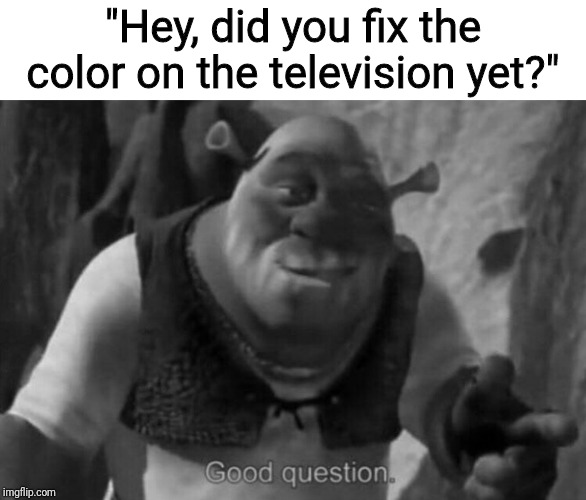 Good Question. | "Hey, did you fix the color on the television yet?" | image tagged in good question | made w/ Imgflip meme maker