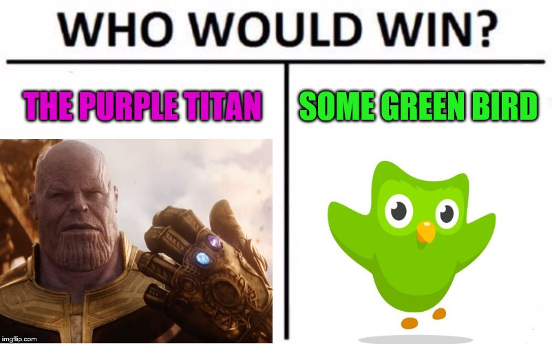 Who Would Win? | THE PURPLE TITAN; SOME GREEN BIRD | image tagged in memes,who would win | made w/ Imgflip meme maker