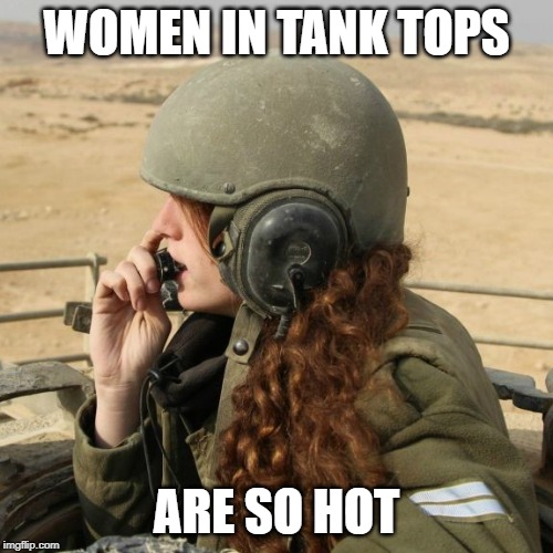 Women in tank tops are hot! | WOMEN IN TANK TOPS; ARE SO HOT | image tagged in women,soldiers,tanks,tank tops,military,bad pun | made w/ Imgflip meme maker
