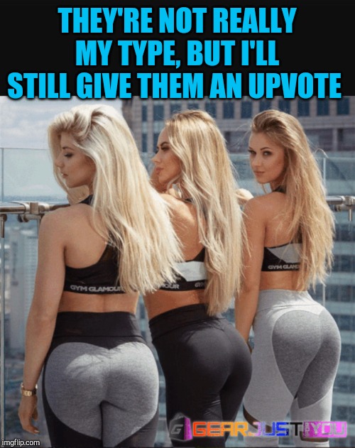 THEY'RE NOT REALLY MY TYPE, BUT I'LL STILL GIVE THEM AN UPVOTE | image tagged in sexy women,booty,jbmemegeek,yoga pants | made w/ Imgflip meme maker