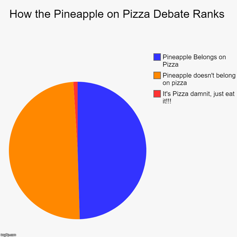 How the Pineapple on Pizza Debate Ranks | It's Pizza damnit, just eat it!!!, Pineapple doesn't belong on pizza, Pineapple Belongs on Pizza | image tagged in charts,pie charts | made w/ Imgflip chart maker