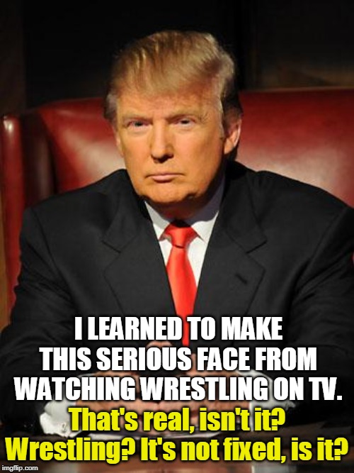 I worked hard learning how to make this face. | I LEARNED TO MAKE THIS SERIOUS FACE FROM WATCHING WRESTLING ON TV. That's real, isn't it? Wrestling? It's not fixed, is it? | image tagged in serious trump,wrestling,pro wrestling,serious | made w/ Imgflip meme maker