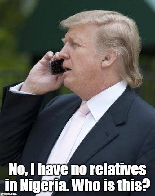 He ain't so smart. | No, I have no relatives in Nigeria. Who is this? | image tagged in trump on the phone,trump,nigeria,scam | made w/ Imgflip meme maker
