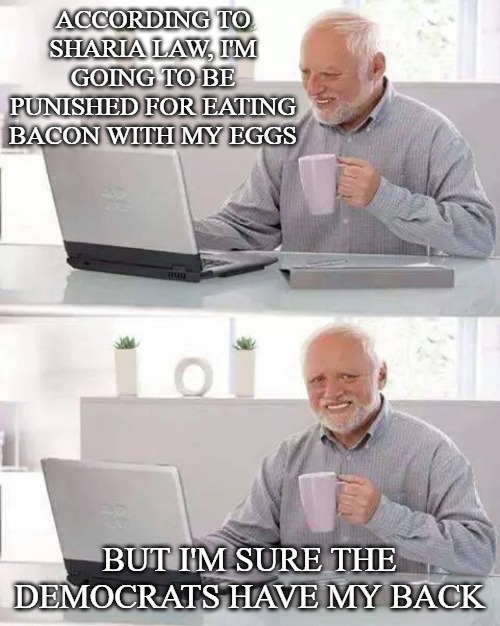 Hide the Pain Harold Meme | ACCORDING TO SHARIA LAW, I'M GOING TO BE PUNISHED FOR EATING BACON WITH MY EGGS BUT I'M SURE THE DEMOCRATS HAVE MY BACK | image tagged in memes,hide the pain harold | made w/ Imgflip meme maker