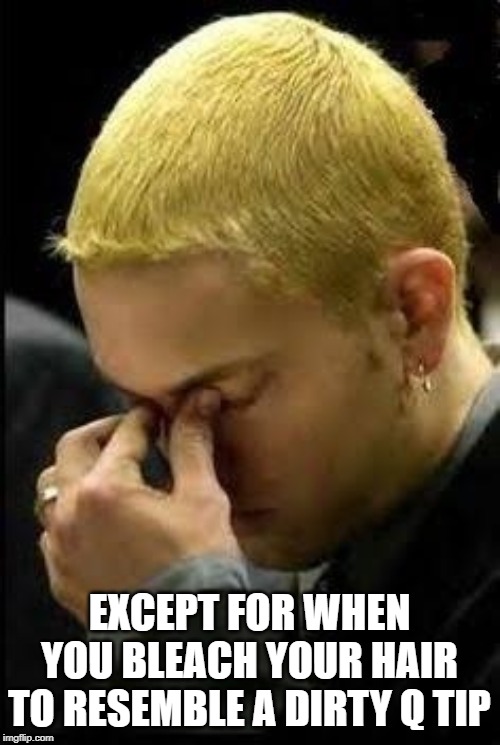 Eminem Face Palm | EXCEPT FOR WHEN YOU BLEACH YOUR HAIR TO RESEMBLE A DIRTY Q TIP | image tagged in eminem face palm | made w/ Imgflip meme maker