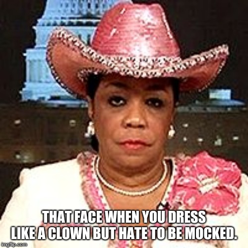 Mocking, who is mocking you, I thought you were part of the show. | THAT FACE WHEN YOU DRESS LIKE A CLOWN BUT HATE TO BE MOCKED. | image tagged in frederica wilson,mocking the short bus kids,office clown,pretending to be an adult,that face,congress sucks | made w/ Imgflip meme maker