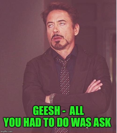 Face You Make Robert Downey Jr Meme | GEESH -  ALL YOU HAD TO DO WAS ASK | image tagged in memes,face you make robert downey jr | made w/ Imgflip meme maker