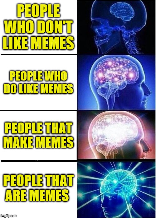 Expanding Brain Meme | PEOPLE WHO DON'T LIKE MEMES; PEOPLE WHO DO LIKE MEMES; PEOPLE THAT MAKE MEMES; PEOPLE THAT ARE MEMES | image tagged in memes,expanding brain | made w/ Imgflip meme maker