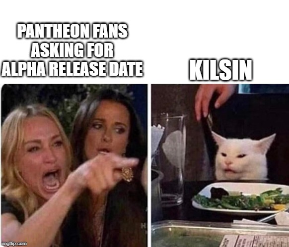 PANTHEON FANS ASKING FOR ALPHA RELEASE DATE KILSIN | image tagged in women yelling at cat | made w/ Imgflip meme maker