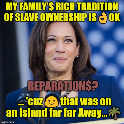 Kamala Harris on Dem Reparations | MY FAMILY'$ RICH TRADITION OF SLAVE OWNERSHIP IS👌OK; REPARATION$? ... 'cuz 😉 that was on an Island far far Away...🌴 | image tagged in kamala harris,dnc,slavery,elite dangerous,wise master,the great awakening | made w/ Imgflip meme maker