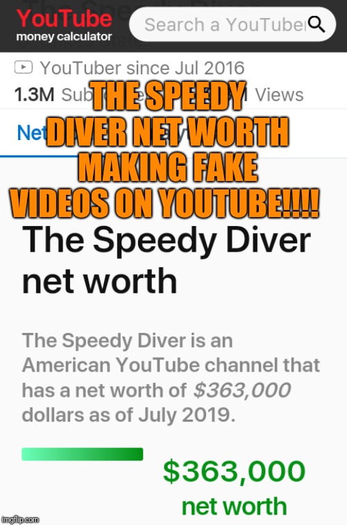 The Speedy Diver Net Worth!!!! | THE SPEEDY DIVER NET WORTH; MAKING FAKE VIDEOS ON YOUTUBE!!!! | image tagged in speedy diver net worth,speedy diver fake,speedy diver gamestop,speedy diver dumpster diving,speedy cat,the speedy diver | made w/ Imgflip meme maker