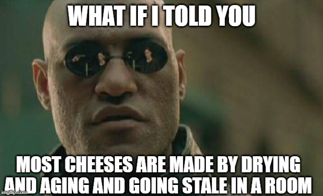 Would you still eat it? | WHAT IF I TOLD YOU; MOST CHEESES ARE MADE BY DRYING AND AGING AND GOING STALE IN A ROOM | image tagged in memes,matrix morpheus | made w/ Imgflip meme maker