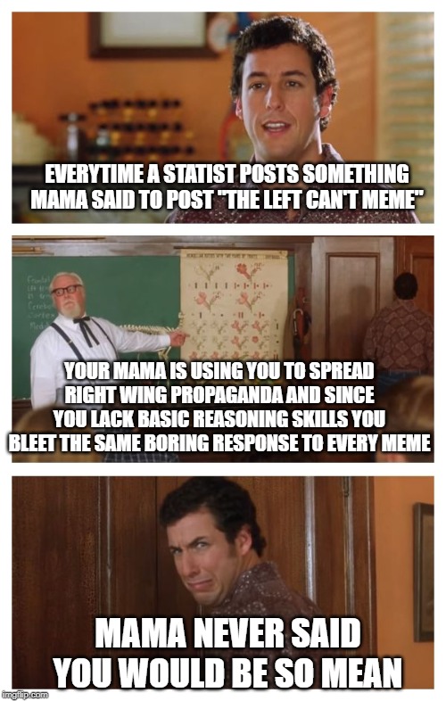 Waterboy Classroom | EVERYTIME A STATIST POSTS SOMETHING MAMA SAID TO POST "THE LEFT CAN'T MEME"; YOUR MAMA IS USING YOU TO SPREAD RIGHT WING PROPAGANDA AND SINCE YOU LACK BASIC REASONING SKILLS YOU BLEET THE SAME BORING RESPONSE TO EVERY MEME; MAMA NEVER SAID YOU WOULD BE SO MEAN | image tagged in waterboy classroom | made w/ Imgflip meme maker