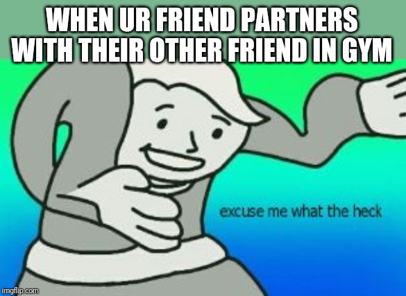 Excuse Me What The Heck | WHEN UR FRIEND PARTNERS WITH THEIR OTHER FRIEND IN GYM | image tagged in excuse me what the heck | made w/ Imgflip meme maker