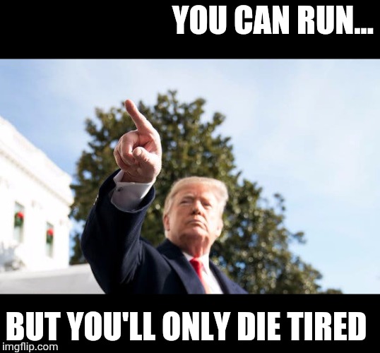 A message from the Donald | YOU CAN RUN... BUT YOU'LL ONLY DIE TIRED | image tagged in a message from the donald | made w/ Imgflip meme maker