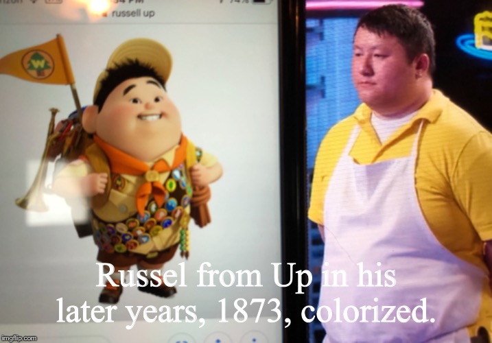 Russel got fired from Pixar | Russel from Up in his later years, 1873, colorized. | image tagged in memes,new job,baker | made w/ Imgflip meme maker