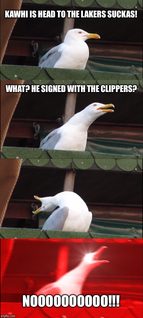 Laker fans be like | KAWHI IS HEAD TO THE LAKERS SUCKAS! WHAT? HE SIGNED WITH THE CLIPPERS? NOOOOOOOOOO!!! | image tagged in memes,inhaling seagull | made w/ Imgflip meme maker