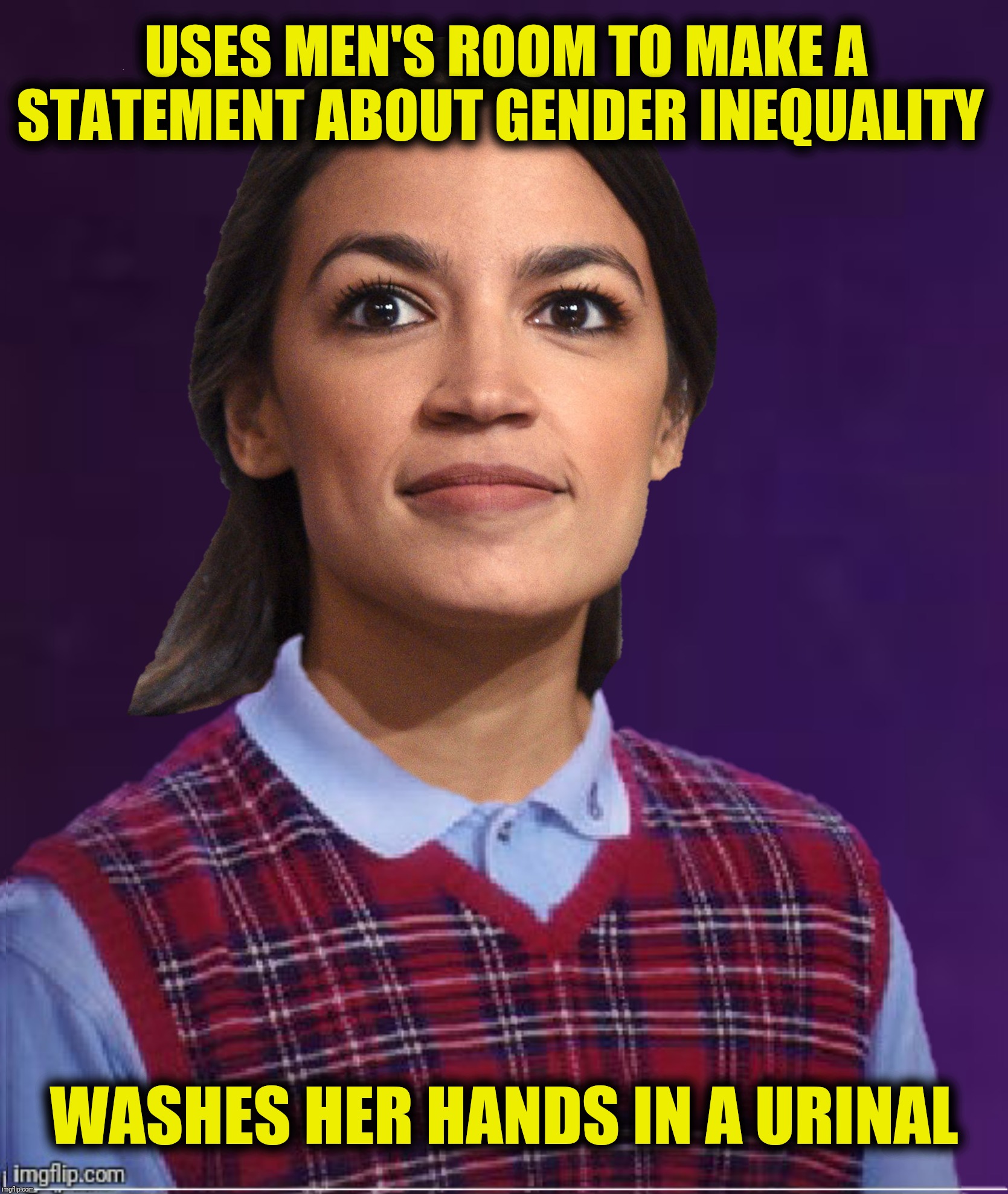 Bad Photoshop Sunday presents:  Don't ask what she did in the sink! | USES MEN'S ROOM TO MAKE A STATEMENT ABOUT GENDER INEQUALITY; WASHES HER HANDS IN A URINAL | image tagged in bad photoshop sunday,alexandria ocasio-cortez,bad luck brian | made w/ Imgflip meme maker