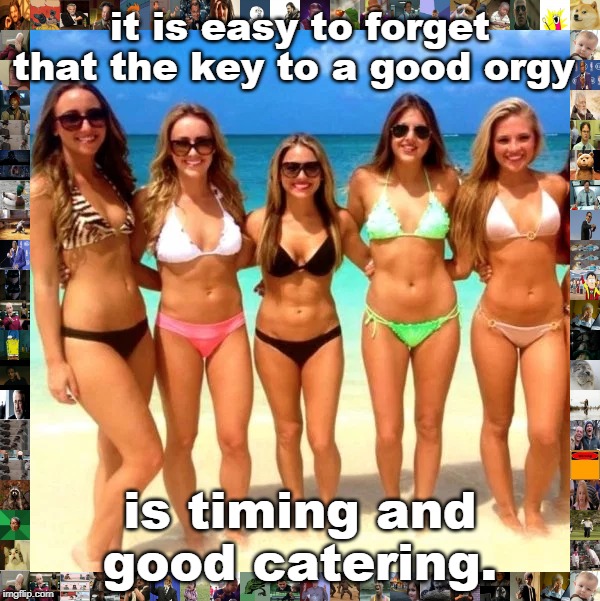 good kitchen and bedroom skills do come in handy. | it is easy to forget that the key to a good orgy; is timing and good catering. | image tagged in party time,bikini girls,sex vs food,meme team | made w/ Imgflip meme maker