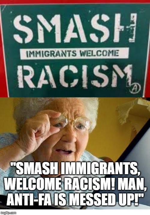 Accidental Racism From Anti-fa | "SMASH IMMIGRANTS, WELCOME RACISM! MAN, ANTI-FA IS MESSED UP!" | image tagged in old lady at computer,antifa,racism,immigration,politics,dank | made w/ Imgflip meme maker