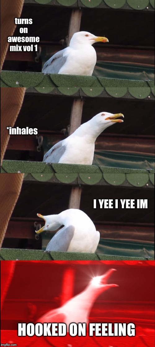 Inhaling Seagull Meme | turns on awesome mix vol 1; *inhales; I YEE I YEE IM; HOOKED ON FEELING | image tagged in memes,inhaling seagull | made w/ Imgflip meme maker