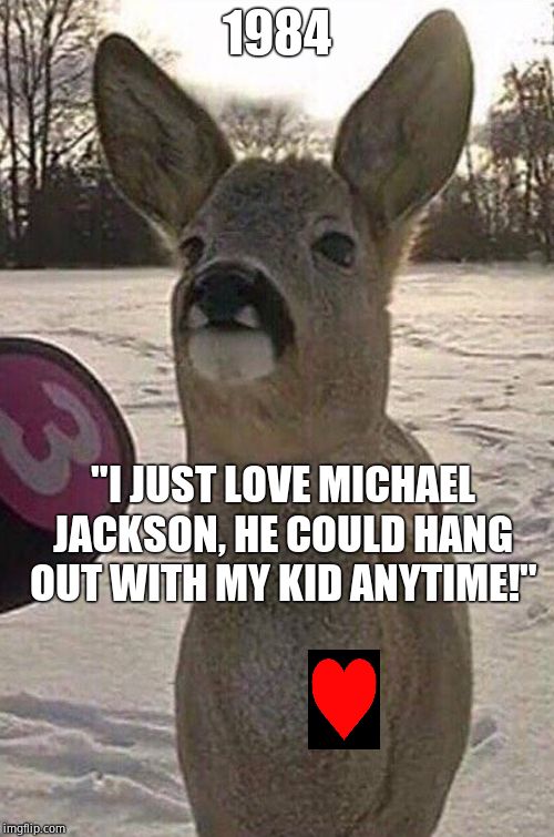 Deer Interview | 1984 "I JUST LOVE MICHAEL JACKSON, HE COULD HANG OUT WITH MY KID ANYTIME!" | image tagged in deer interview | made w/ Imgflip meme maker