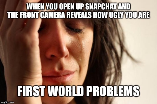 First World Problems Meme | WHEN YOU OPEN UP SNAPCHAT AND THE FRONT CAMERA REVEALS HOW UGLY YOU ARE; FIRST WORLD PROBLEMS | image tagged in memes,first world problems | made w/ Imgflip meme maker