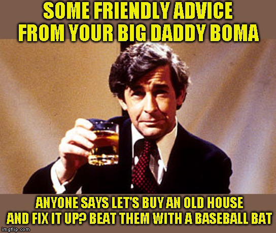 Ask them what they said last when they regain conscious. If they repeat what they said before, hit them again | SOME FRIENDLY ADVICE FROM YOUR BIG DADDY BOMA; ANYONE SAYS LET'S BUY AN OLD HOUSE AND FIX IT UP? BEAT THEM WITH A BASEBALL BAT | image tagged in money pits,avoid them | made w/ Imgflip meme maker