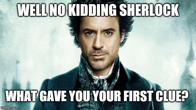 Sherlock Holmes | WELL NO KIDDING SHERLOCK; WHAT GAVE YOU YOUR FIRST CLUE? | image tagged in sherlock holmes | made w/ Imgflip meme maker