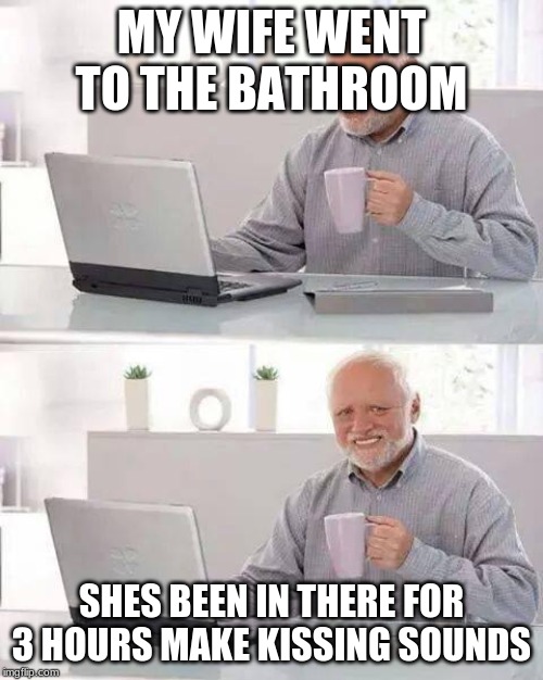 Hide the Pain Harold Meme | MY WIFE WENT TO THE BATHROOM; SHES BEEN IN THERE FOR 3 HOURS MAKE KISSING SOUNDS | image tagged in memes,hide the pain harold | made w/ Imgflip meme maker