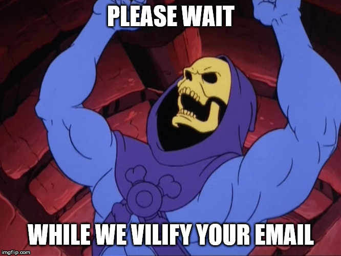 Skeletor | PLEASE WAIT; WHILE WE VILIFY YOUR EMAIL | image tagged in skeletor | made w/ Imgflip meme maker
