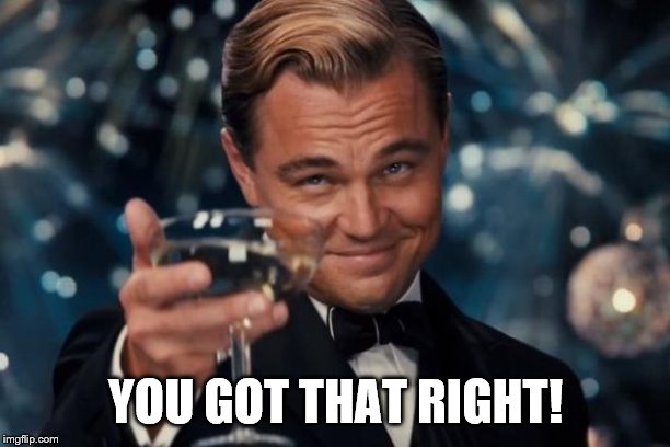 Leonardo Dicaprio Cheers Meme | YOU GOT THAT RIGHT! | image tagged in memes,leonardo dicaprio cheers | made w/ Imgflip meme maker
