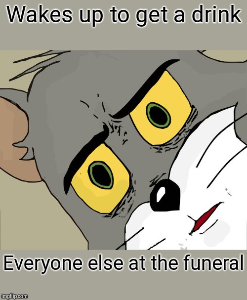 Unsettled Tom Meme | Wakes up to get a drink; Everyone else at the funeral | image tagged in memes,unsettled tom | made w/ Imgflip meme maker
