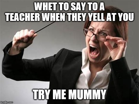 Education Memes | WHET TO SAY TO A TEACHER WHEN THEY YELL AT YOU; TRY ME MUMMY | image tagged in funny memes,memes,lol,unhelpful high school teacher,i'm the captain now,rude | made w/ Imgflip meme maker