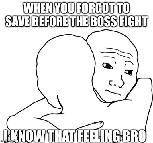 I have to restart at the last checkpoint | WHEN YOU FORGOT TO SAVE BEFORE THE BOSS FIGHT; I KNOW THAT FEELING BRO | image tagged in memes,i know that feel bro | made w/ Imgflip meme maker