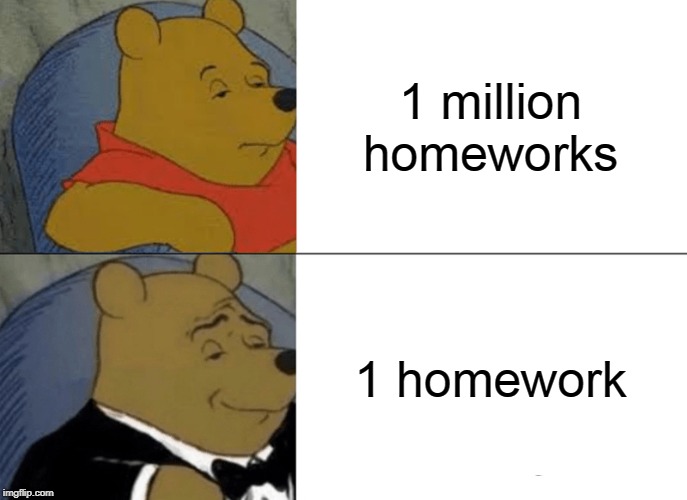 Tuxedo Winnie The Pooh Meme | 1 million homeworks; 1 homework | image tagged in memes,tuxedo winnie the pooh | made w/ Imgflip meme maker