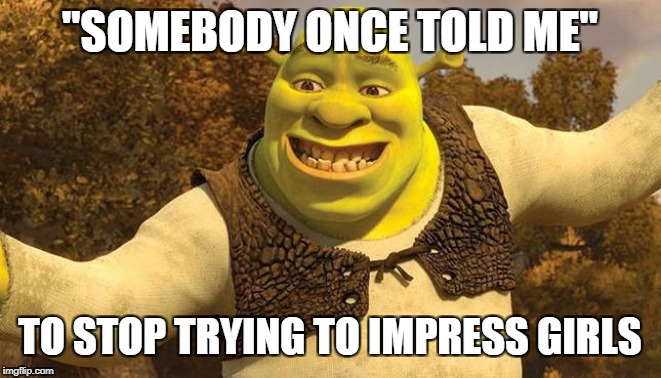 just stop, man |  "SOMEBODY ONCE TOLD ME"; TO STOP TRYING TO IMPRESS GIRLS | image tagged in shrek,creep,fun | made w/ Imgflip meme maker