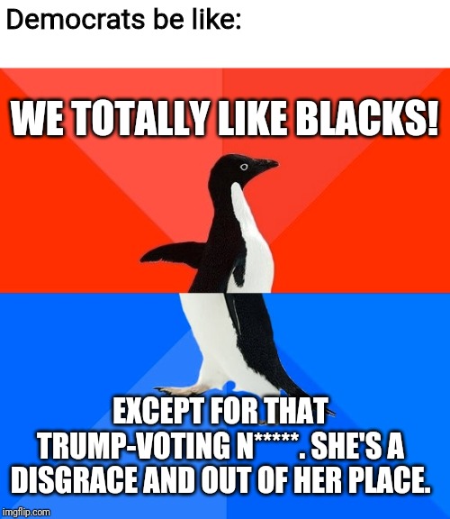 Socially Awesome Awkward Penguin Meme | Democrats be like: EXCEPT FOR THAT TRUMP-VOTING N*****. SHE'S A DISGRACE AND OUT OF HER PLACE. WE TOTALLY LIKE BLACKS! | image tagged in memes,socially awesome awkward penguin | made w/ Imgflip meme maker