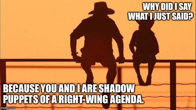 Cowboy father and son | WHY DID I SAY 
WHAT I JUST SAID? BECAUSE YOU AND I ARE SHADOW PUPPETS OF A RIGHT-WING AGENDA. | image tagged in cowboy father and son | made w/ Imgflip meme maker