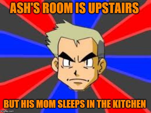 Professor Oak Meme | ASH'S ROOM IS UPSTAIRS; BUT HIS MOM SLEEPS IN THE KITCHEN | image tagged in memes,professor oak | made w/ Imgflip meme maker