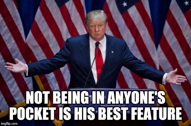 Donald Trump | NOT BEING IN ANYONE'S POCKET IS HIS BEST FEATURE | image tagged in donald trump | made w/ Imgflip meme maker