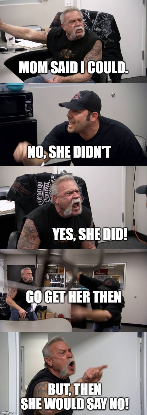American Chopper Argument Meme | MOM SAID I COULD. NO, SHE DIDN'T; YES, SHE DID! GO GET HER THEN; BUT, THEN SHE WOULD SAY NO! | image tagged in memes,american chopper argument | made w/ Imgflip meme maker