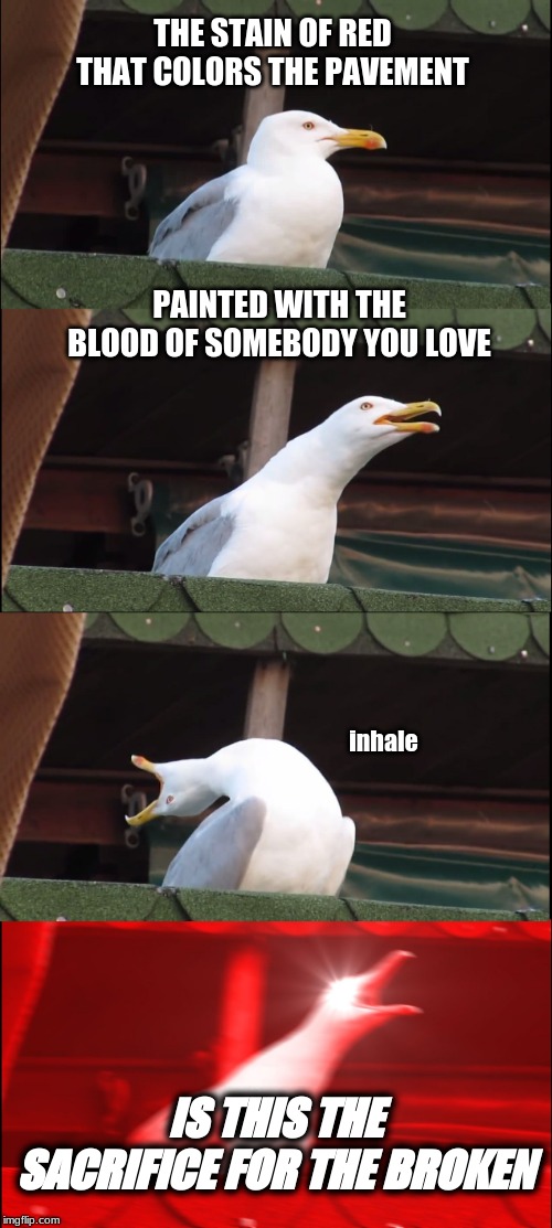 Inhaling Seagull Meme | THE STAIN OF RED THAT COLORS THE PAVEMENT; PAINTED WITH THE BLOOD OF SOMEBODY YOU LOVE; inhale; IS THIS THE SACRIFICE FOR THE BROKEN | image tagged in memes,inhaling seagull | made w/ Imgflip meme maker