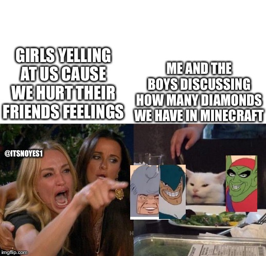 Woman Yelling At Cat Meme | GIRLS YELLING AT US CAUSE WE HURT THEIR FRIENDS FEELINGS; ME AND THE BOYS DISCUSSING HOW MANY DIAMONDS WE HAVE IN MINECRAFT; @ITSNOYES1 | image tagged in two women yelling at a cat | made w/ Imgflip meme maker
