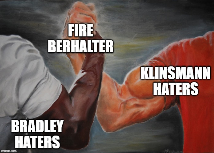 Predator Handshake | FIRE
BERHALTER; KLINSMANN
HATERS; BRADLEY
HATERS | image tagged in predator handshake | made w/ Imgflip meme maker