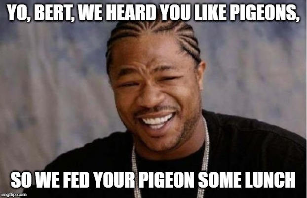 Yo Dawg Heard You Meme | YO, BERT, WE HEARD YOU LIKE PIGEONS, SO WE FED YOUR PIGEON SOME LUNCH | image tagged in memes,yo dawg heard you | made w/ Imgflip meme maker