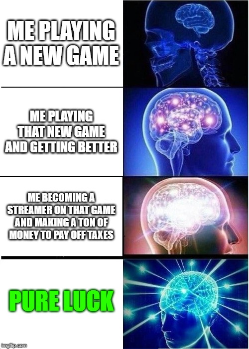 Expanding Brain | ME PLAYING A NEW GAME; ME PLAYING THAT NEW GAME AND GETTING BETTER; ME BECOMING A STREAMER ON THAT GAME AND MAKING A TON OF MONEY TO PAY OFF TAXES; PURE LUCK | image tagged in memes,expanding brain | made w/ Imgflip meme maker
