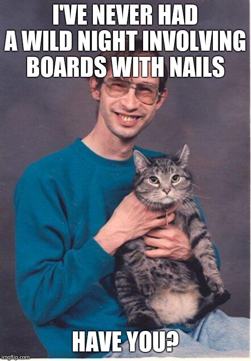 cat-nerd | I'VE NEVER HAD A WILD NIGHT INVOLVING BOARDS WITH NAILS HAVE YOU? | image tagged in cat-nerd | made w/ Imgflip meme maker